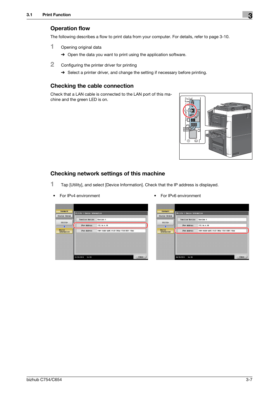 Operation flow, Checking the cable connection, Checking network settings of this machine | Konica Minolta bizhub C654 User Manual | Page 63 / 130
