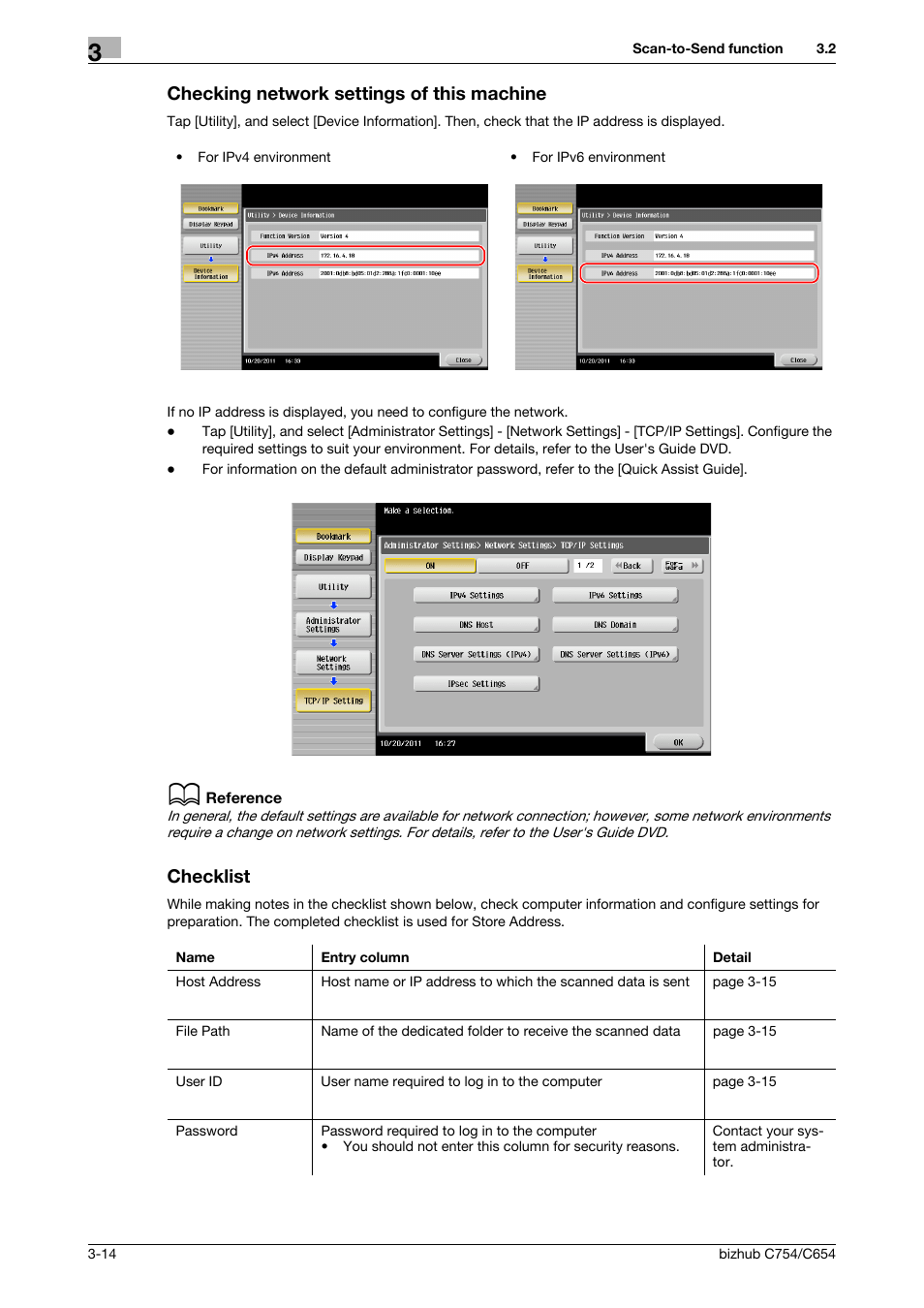 Checking network settings of this machine, Checklist | Konica Minolta bizhub C654 User Manual | Page 70 / 130