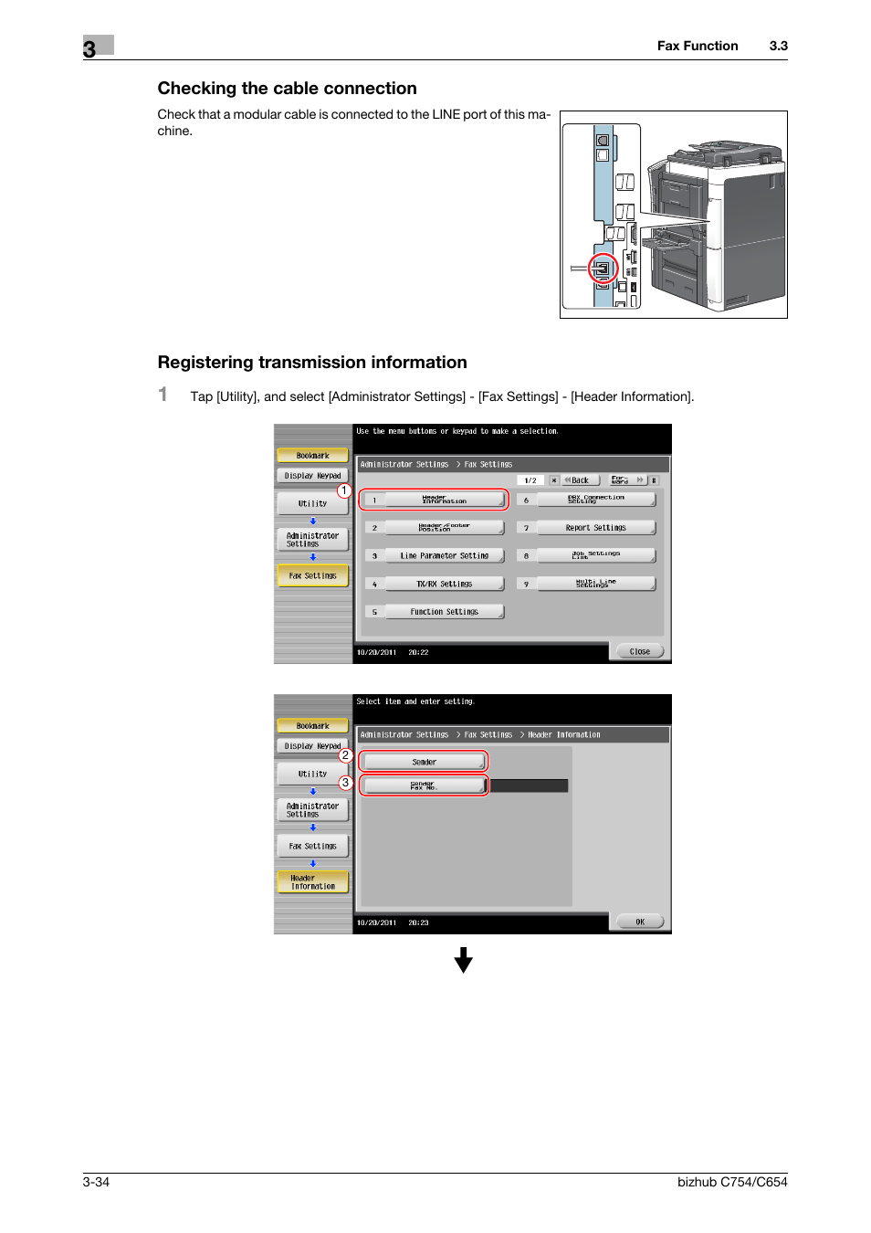Checking the cable connection, Registering transmission information | Konica Minolta bizhub C654 User Manual | Page 90 / 130