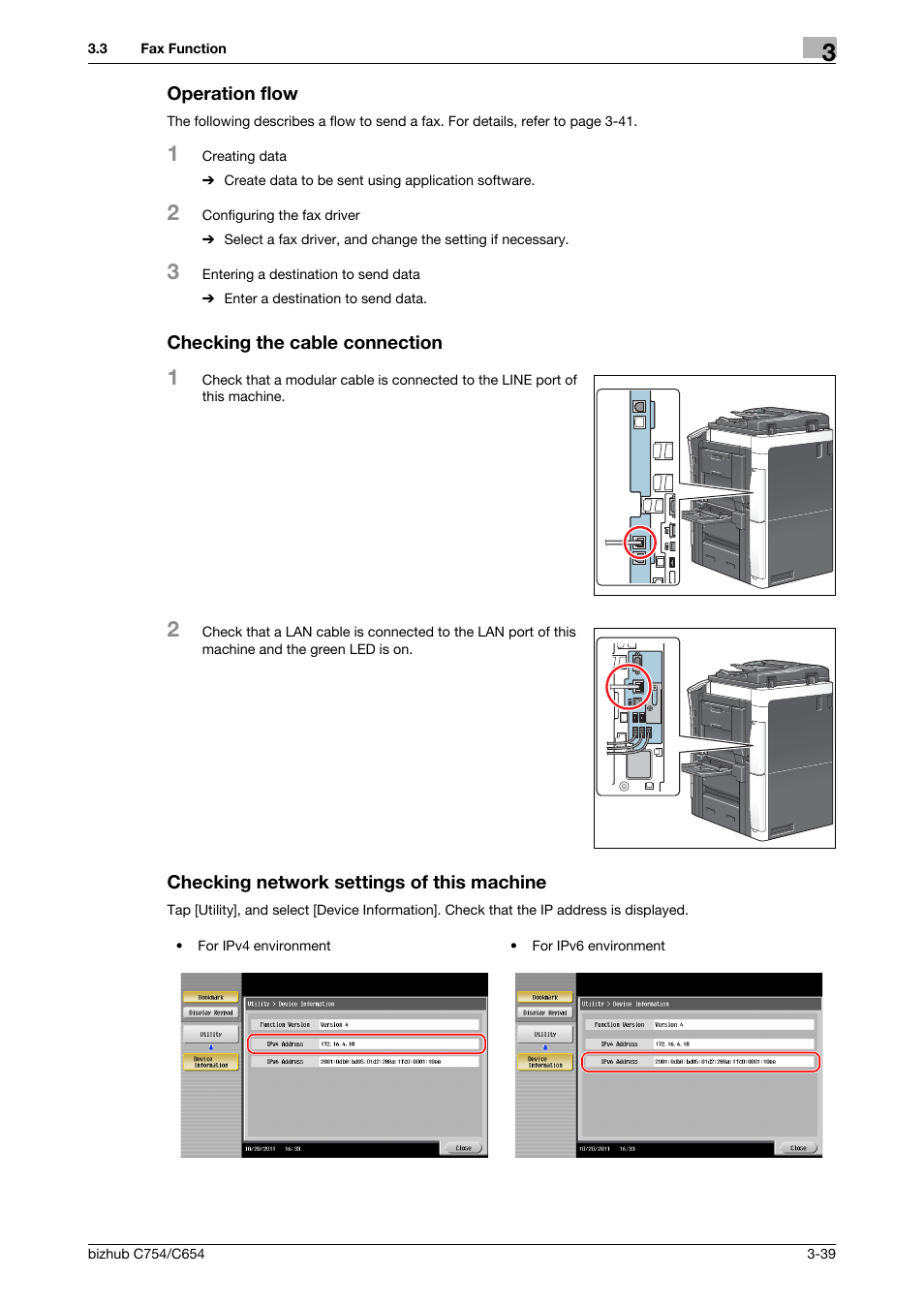 Operation flow, Checking the cable connection, Checking network settings of this machine | Konica Minolta bizhub C654 User Manual | Page 95 / 130