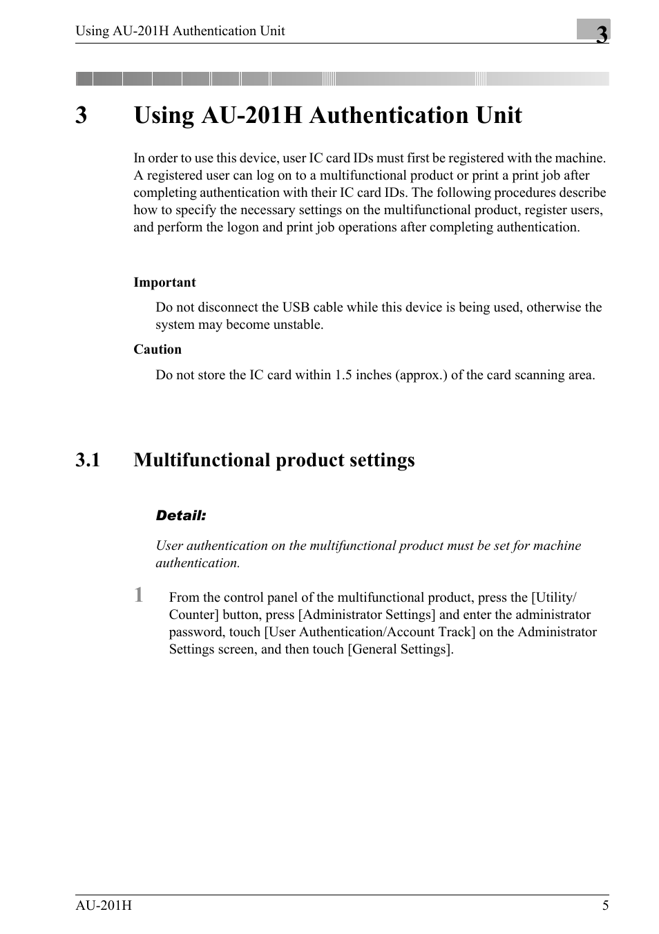 3 using au-201h authentication unit, 1 multifunctional product settings, 3using au-201h authentication unit | Konica Minolta bizhub 652 User Manual | Page 5 / 38