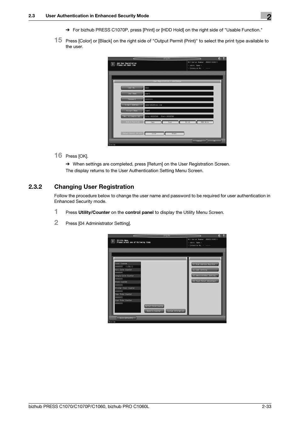 2 changing user registration, Changing user registration -33 | Konica Minolta bizhub PRESS C1060 User Manual | Page 41 / 68