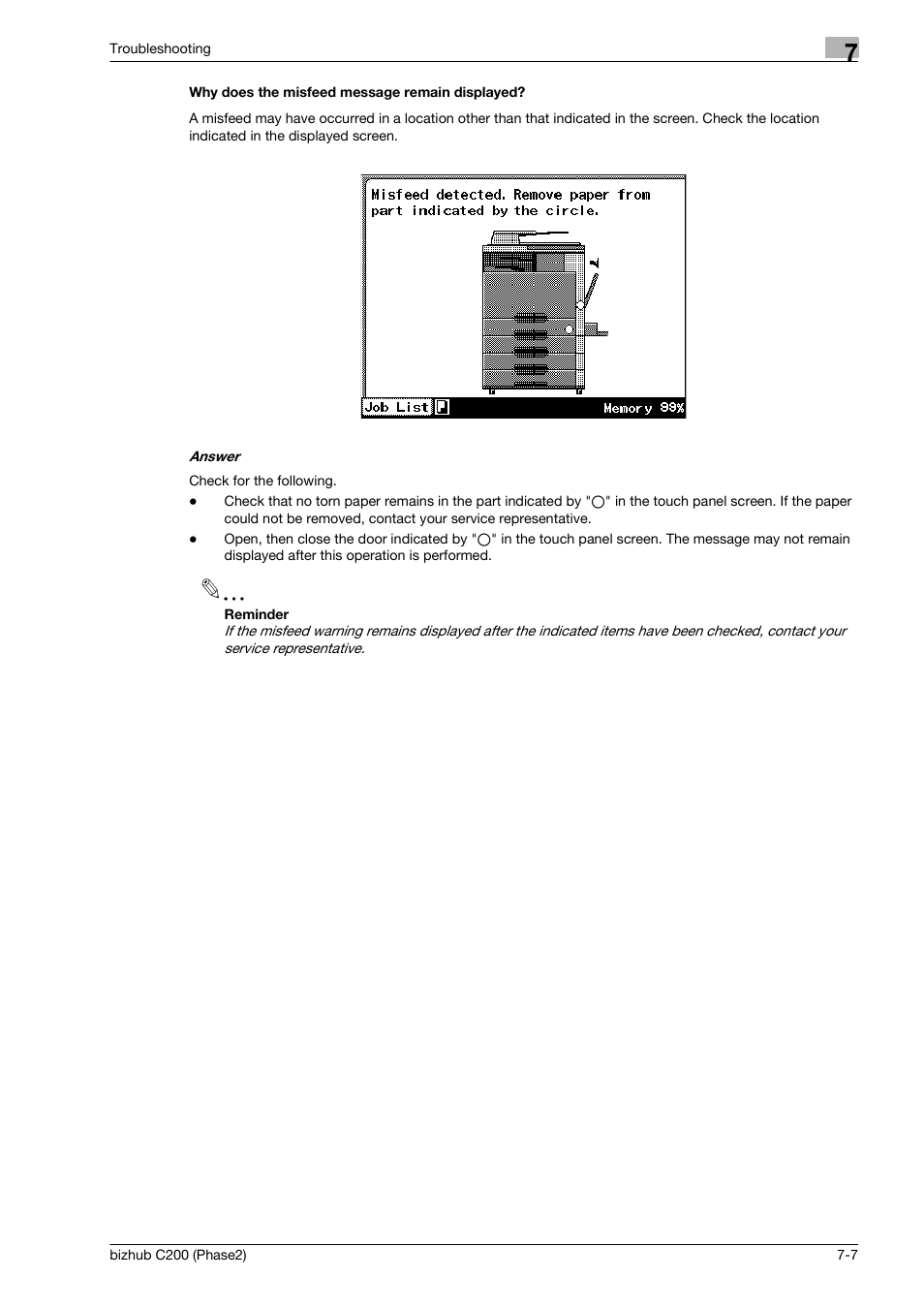 Why does the misfeed message remain displayed | Konica Minolta bizhub C200 User Manual | Page 167 / 204