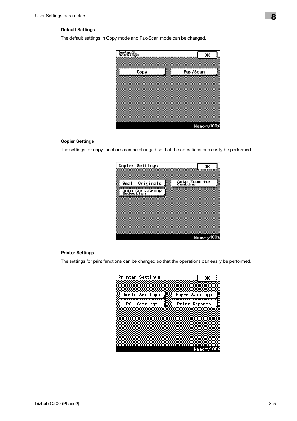 Default settings, Copier settings, Printer settings | Konica Minolta bizhub C200 User Manual | Page 173 / 204