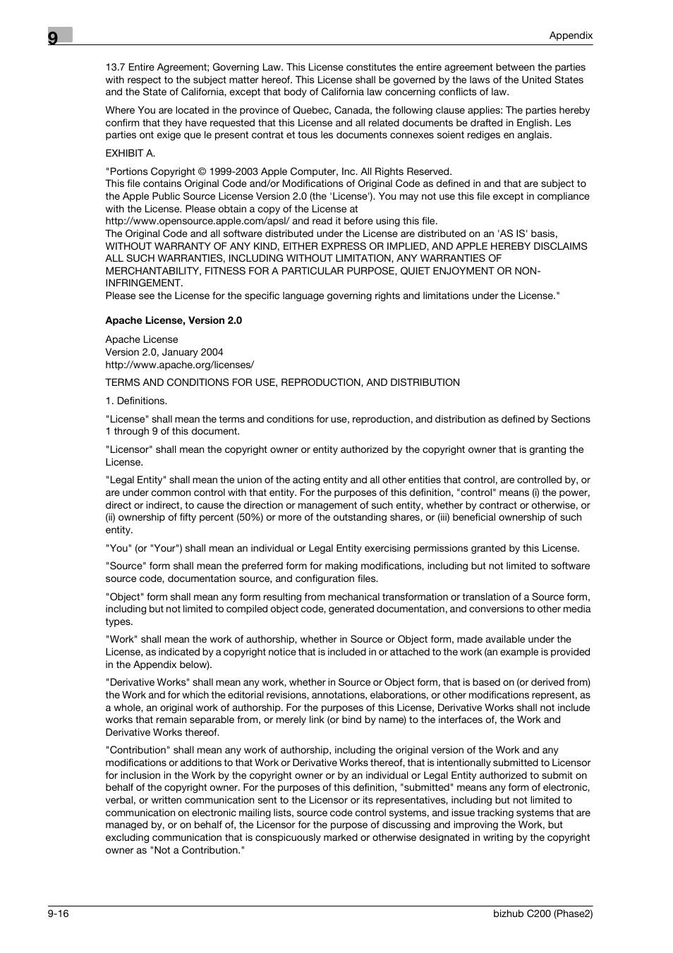 Apache license, version 2.0 | Konica Minolta bizhub C200 User Manual | Page 190 / 204