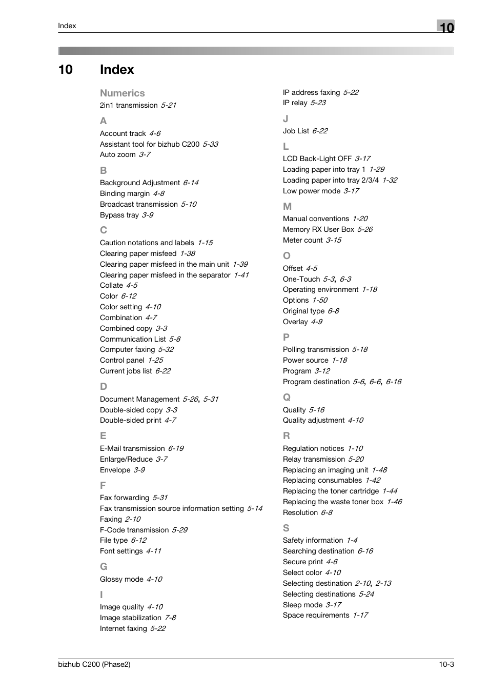 10 index, Index | Konica Minolta bizhub C200 User Manual | Page 203 / 204