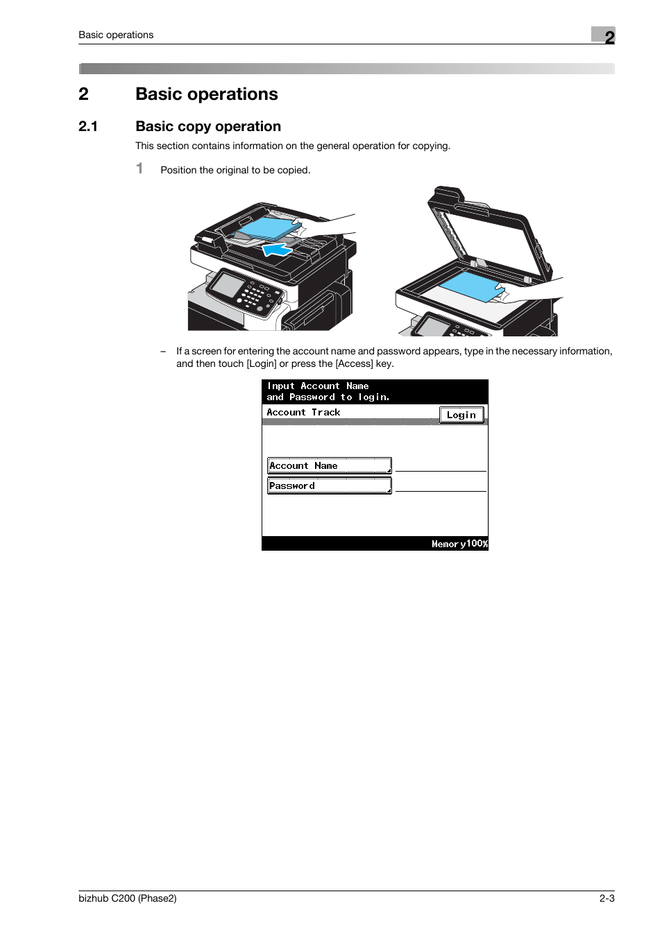 2 basic operations, 1 basic copy operation, Basic operations | Basic copy operation -3, 2basic operations | Konica Minolta bizhub C200 User Manual | Page 59 / 204