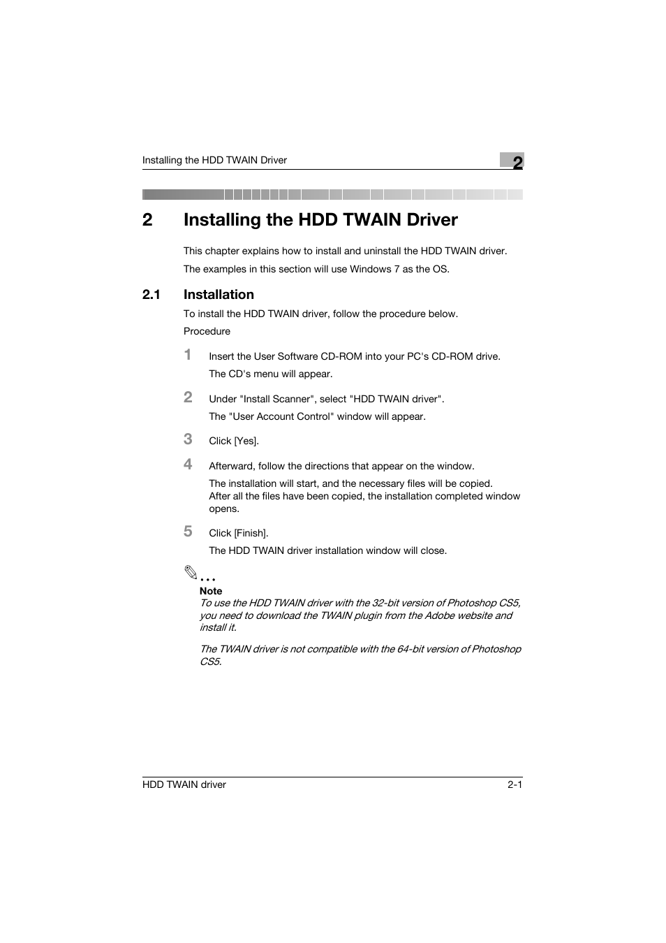 2 installing the hdd twain driver, 1 installation, Installing the hdd twain driver | Installation -1, 2installing the hdd twain driver | Konica Minolta bizhub C754 User Manual | Page 11 / 42