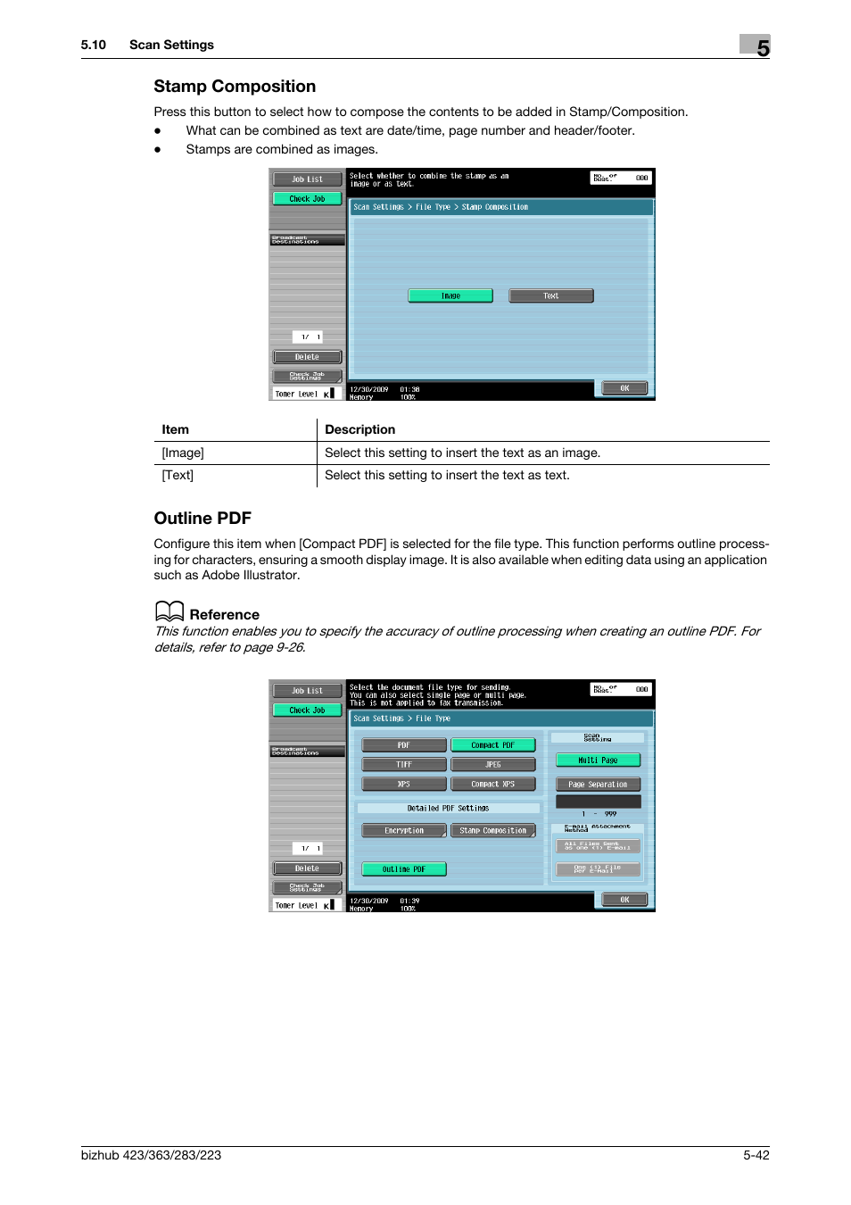 Stamp composition, Outline pdf, Stamp composition -42 outline pdf -42 | P. 5-42), F] (p. 5-42) | Konica Minolta BIZHUB 223 User Manual | Page 103 / 319