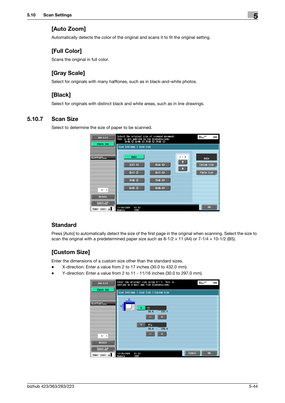 Auto zoom, Full color, Gray scale | Black, 7 scan size, Standard, Custom size, Scan size -44 standard -44 [custom size] -44, Scan size] (p. 5-44) | Konica Minolta BIZHUB 223 User Manual | Page 105 / 319