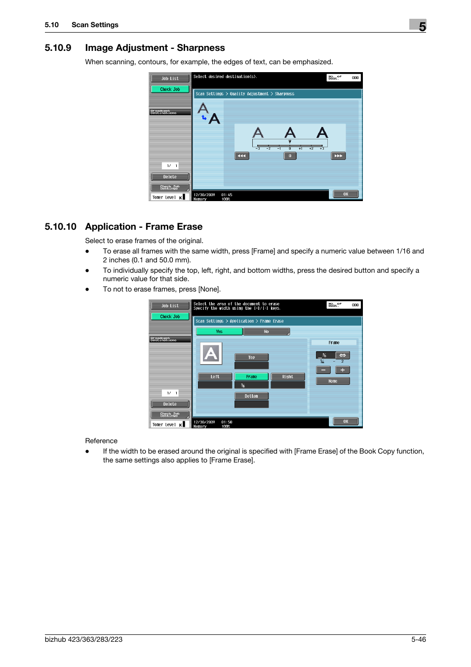 9 image adjustment - sharpness, 10 application - frame erase, Image adjustment - sharpness -46 | Application - frame erase -46, Ss] (p. 5-46), P. 5-46) | Konica Minolta BIZHUB 223 User Manual | Page 107 / 319