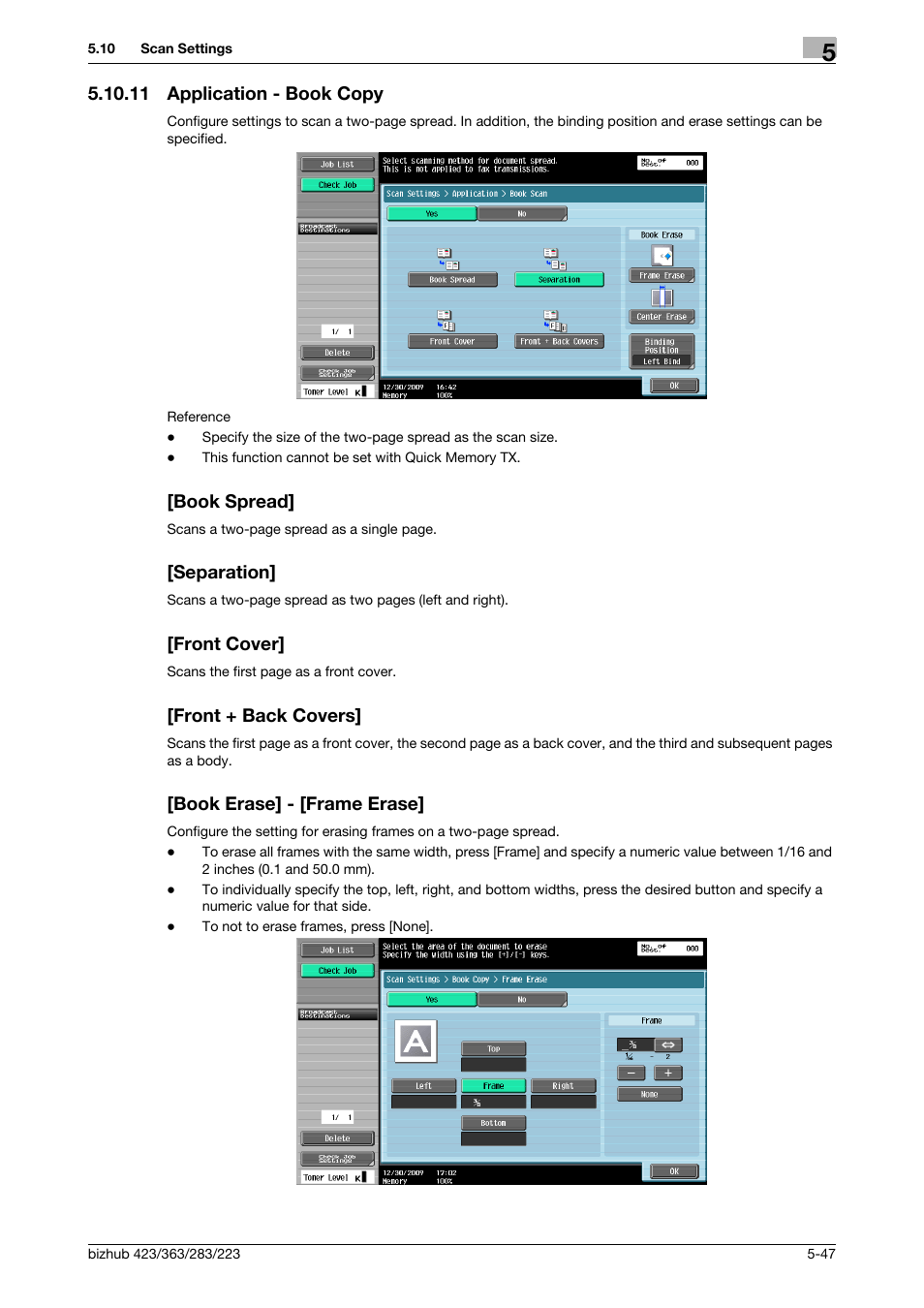11 application - book copy, Book spread, Separation | Front cover, Front + back covers, Book erase] - [frame erase, Book copy] (p. 5-47) | Konica Minolta BIZHUB 223 User Manual | Page 108 / 319