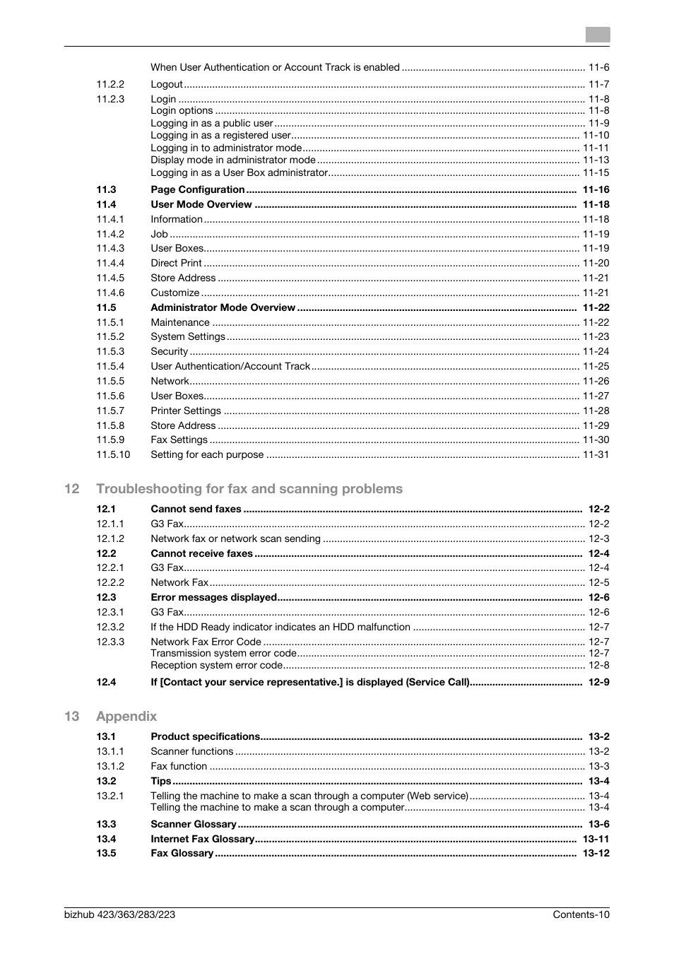 12 troubleshooting for fax and scanning problems, 13 appendix | Konica Minolta BIZHUB 223 User Manual | Page 11 / 319