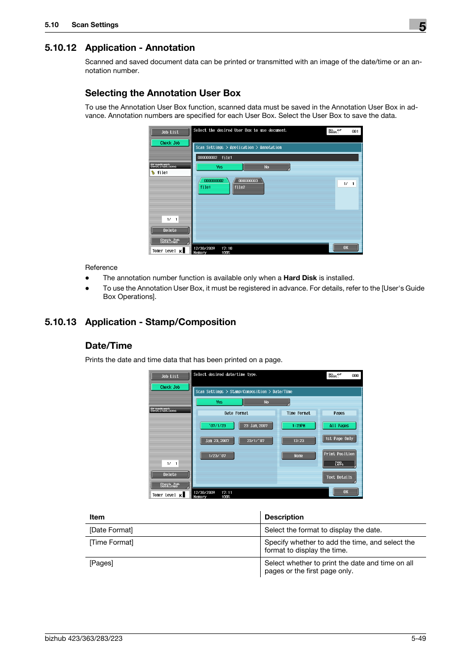 12 application - annotation, Selecting the annotation user box, 13 application - stamp/composition | Date/time, Application - stamp/composition -49 date/time -49, P. 5-49), 13 application - stamp/composition date/time | Konica Minolta BIZHUB 223 User Manual | Page 110 / 319