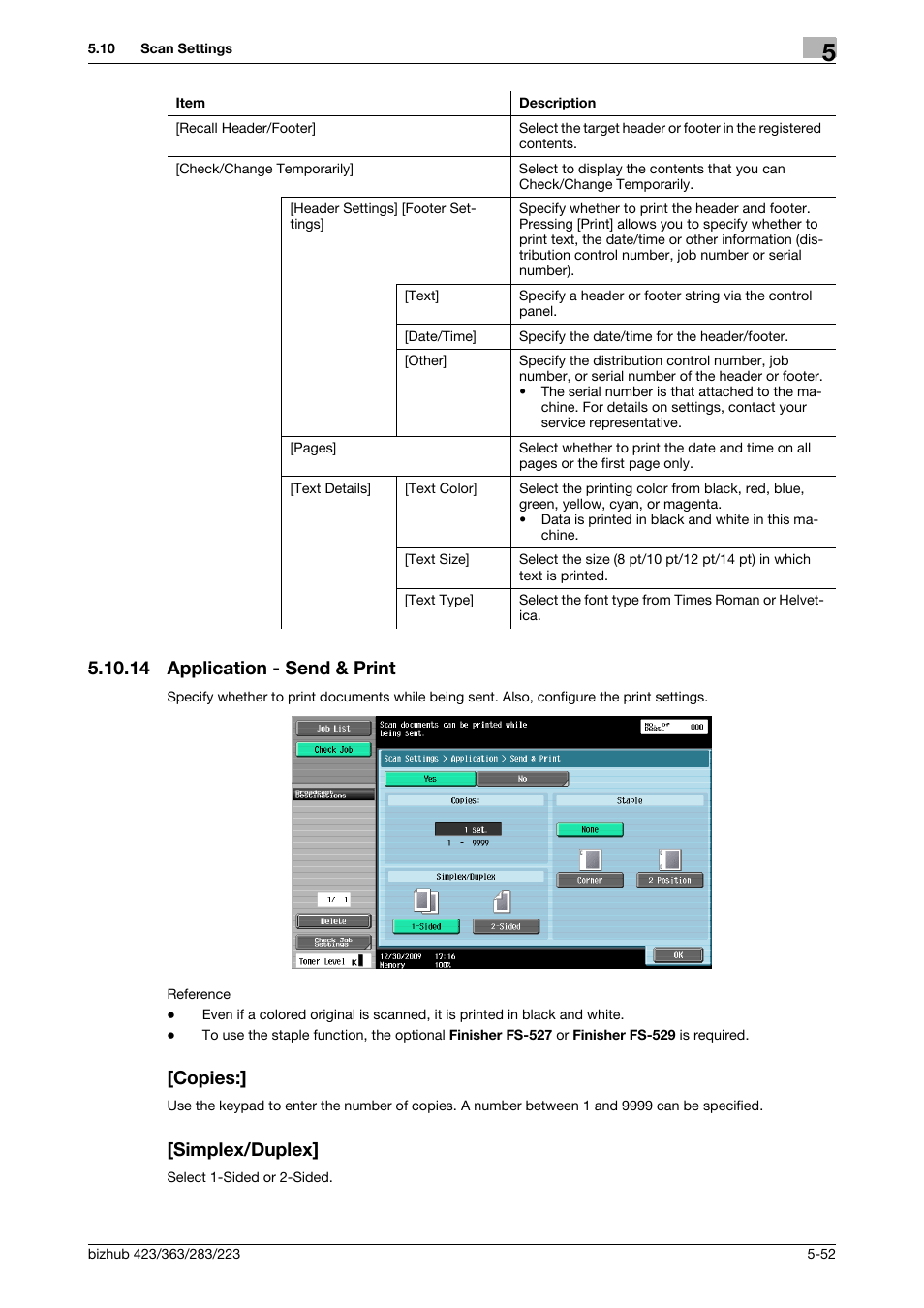 14 application - send & print, Copies, Simplex/duplex | P. 5-52) | Konica Minolta BIZHUB 223 User Manual | Page 113 / 319