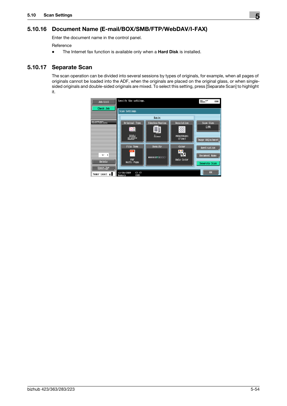 16 document name (e-mail/box/smb/ftp/webdav/i-fax), 17 separate scan, Separate scan -54 | Document name] (p. 5-54), An] (p. 5-54) | Konica Minolta BIZHUB 223 User Manual | Page 115 / 319