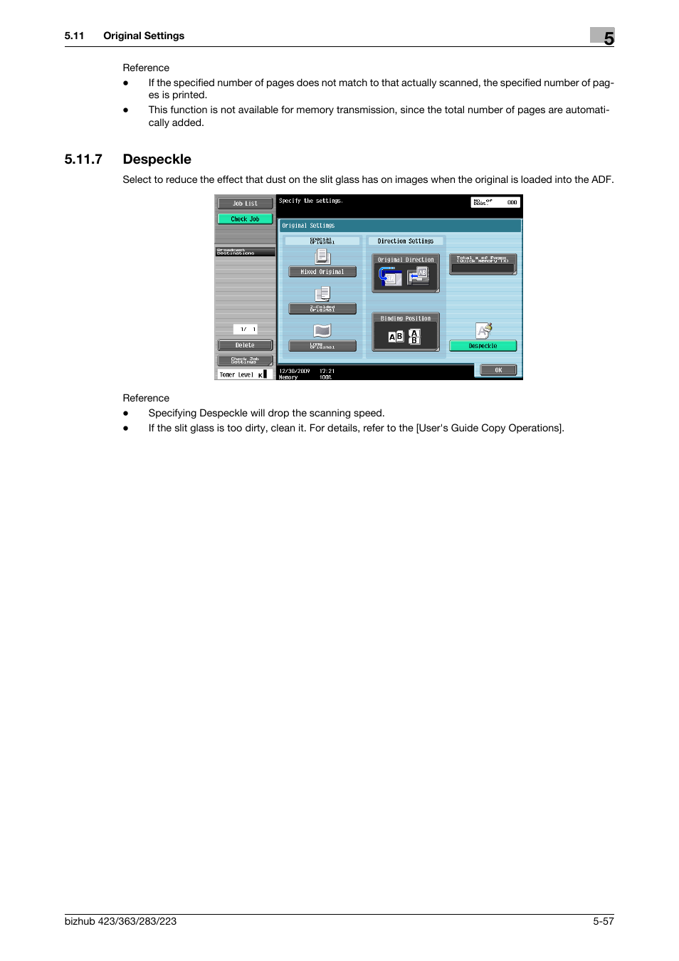 7 despeckle, Despeckle -57, Despeckle] (p. 5-57) | Konica Minolta BIZHUB 223 User Manual | Page 118 / 319