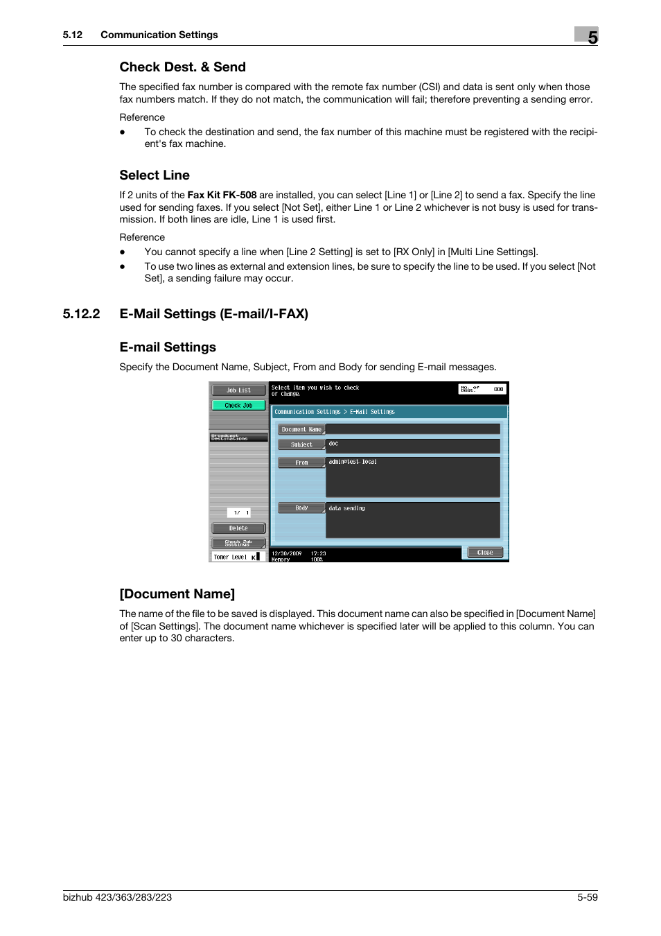 Check dest. & send, Select line, 2 e-mail settings (e-mail/i-fax) | E-mail settings, Document name, Check dest. & send -59 select line -59, Nd] (p. 5-59, P. 5-59) | Konica Minolta BIZHUB 223 User Manual | Page 120 / 319