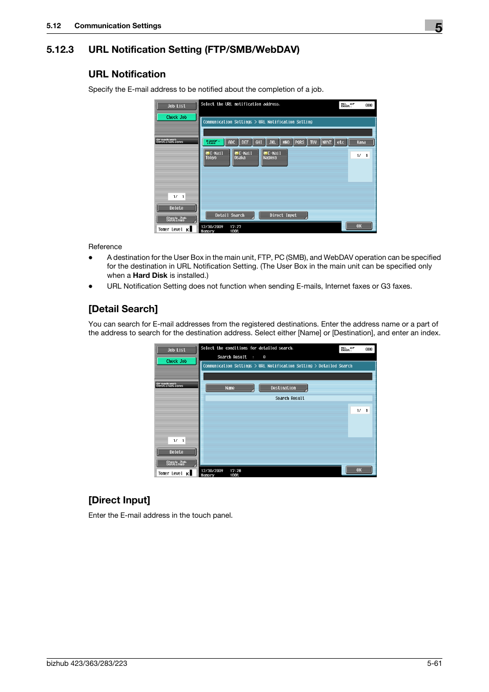 3 url notification setting (ftp/smb/webdav), Url notification, Detail search | Direct input, P. 5-61) | Konica Minolta BIZHUB 223 User Manual | Page 122 / 319