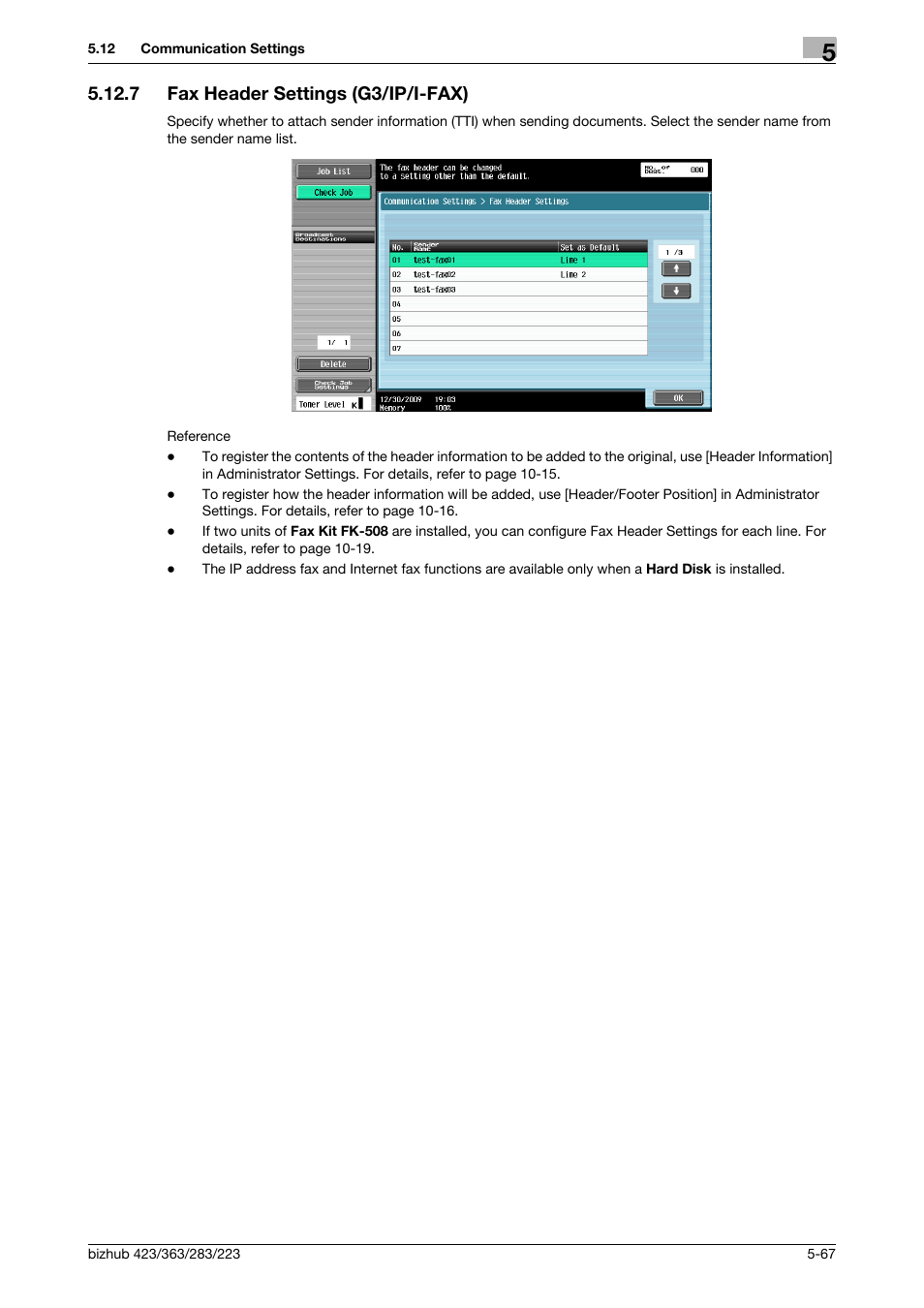 7 fax header settings (g3/ip/i-fax), Fax header settings (g3/ip/i-fax) -67, Ngs] (p. 5-67) | Konica Minolta BIZHUB 223 User Manual | Page 128 / 319