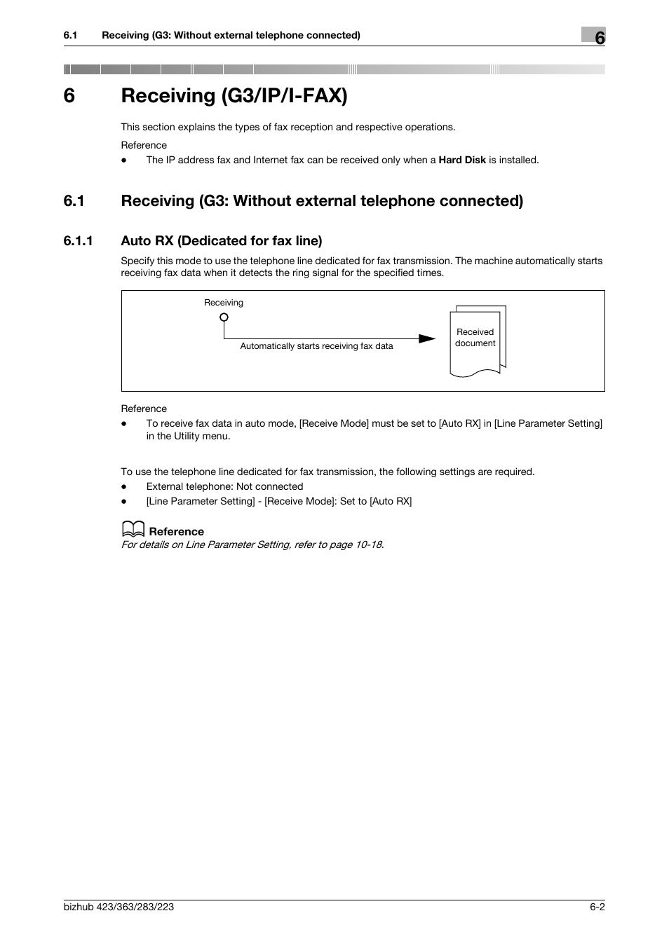 6 receiving (g3/ip/i-fax), 1 auto rx (dedicated for fax line), Receiving (g3/ip/i-fax) | Auto rx (dedicated for fax line) -2, 6receiving (g3/ip/i-fax) | Konica Minolta BIZHUB 223 User Manual | Page 131 / 319