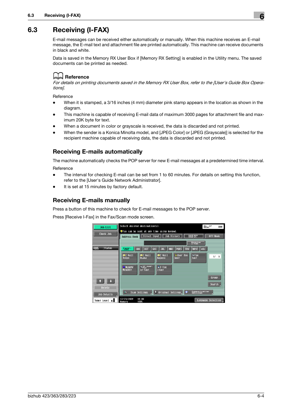 3 receiving (i-fax), Receiving e-mails automatically, Receiving e-mails manually | Konica Minolta BIZHUB 223 User Manual | Page 133 / 319