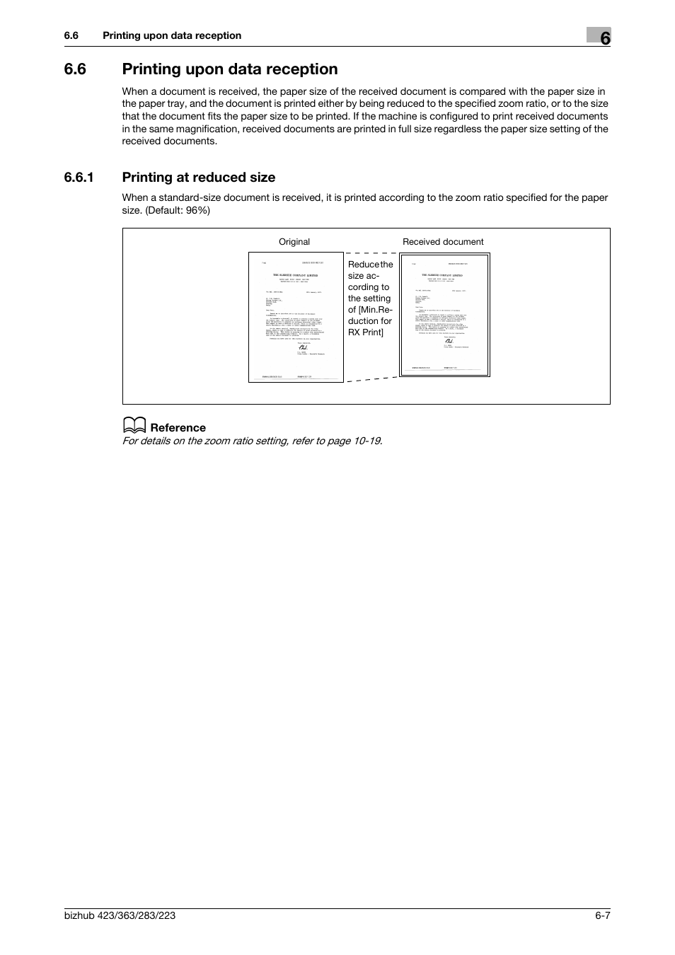 6 printing upon data reception, 1 printing at reduced size, Printing upon data reception -7 | Printing at reduced size -7 | Konica Minolta BIZHUB 223 User Manual | Page 136 / 319