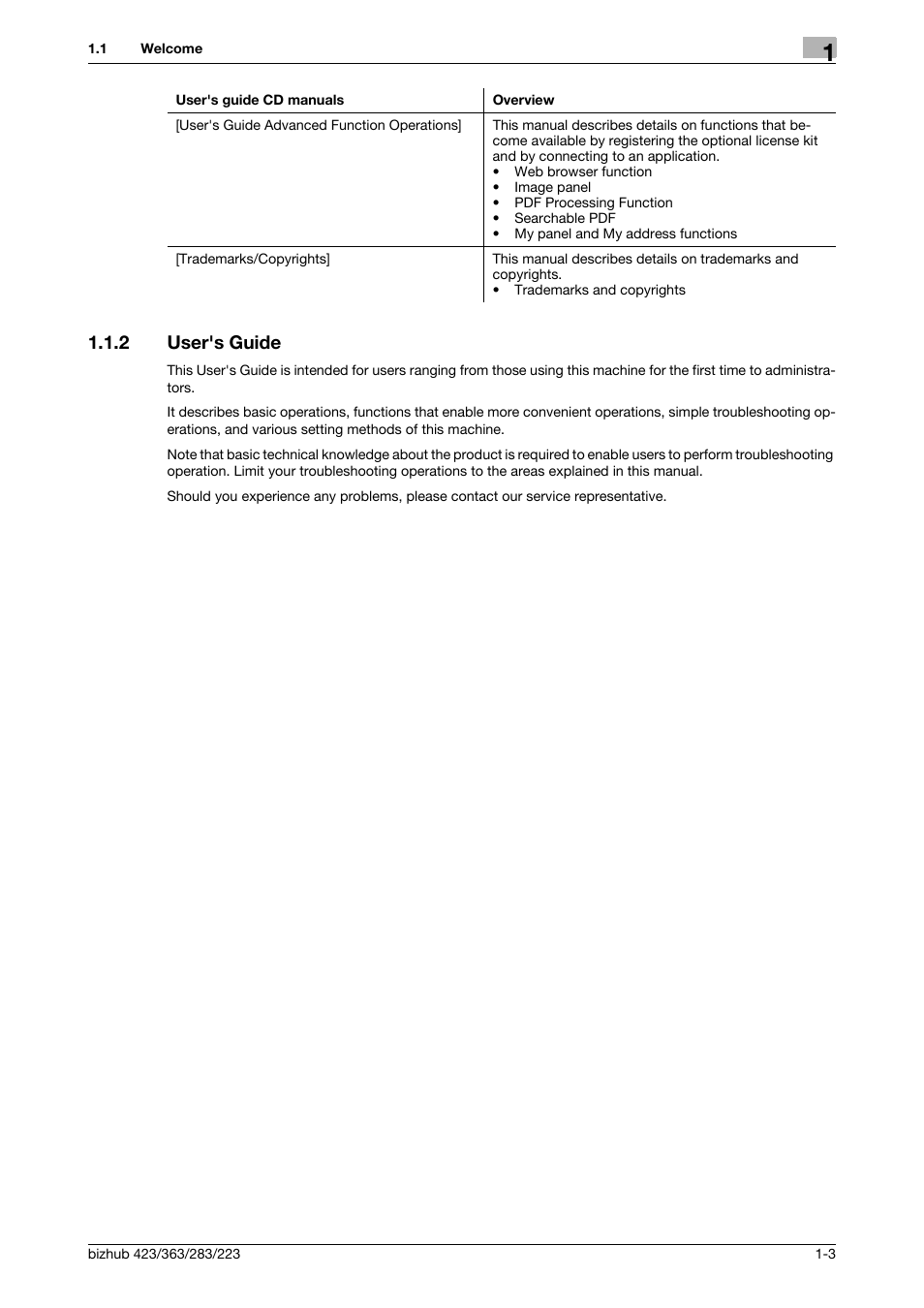 2 user's guide, User's guide -3 | Konica Minolta BIZHUB 223 User Manual | Page 15 / 319