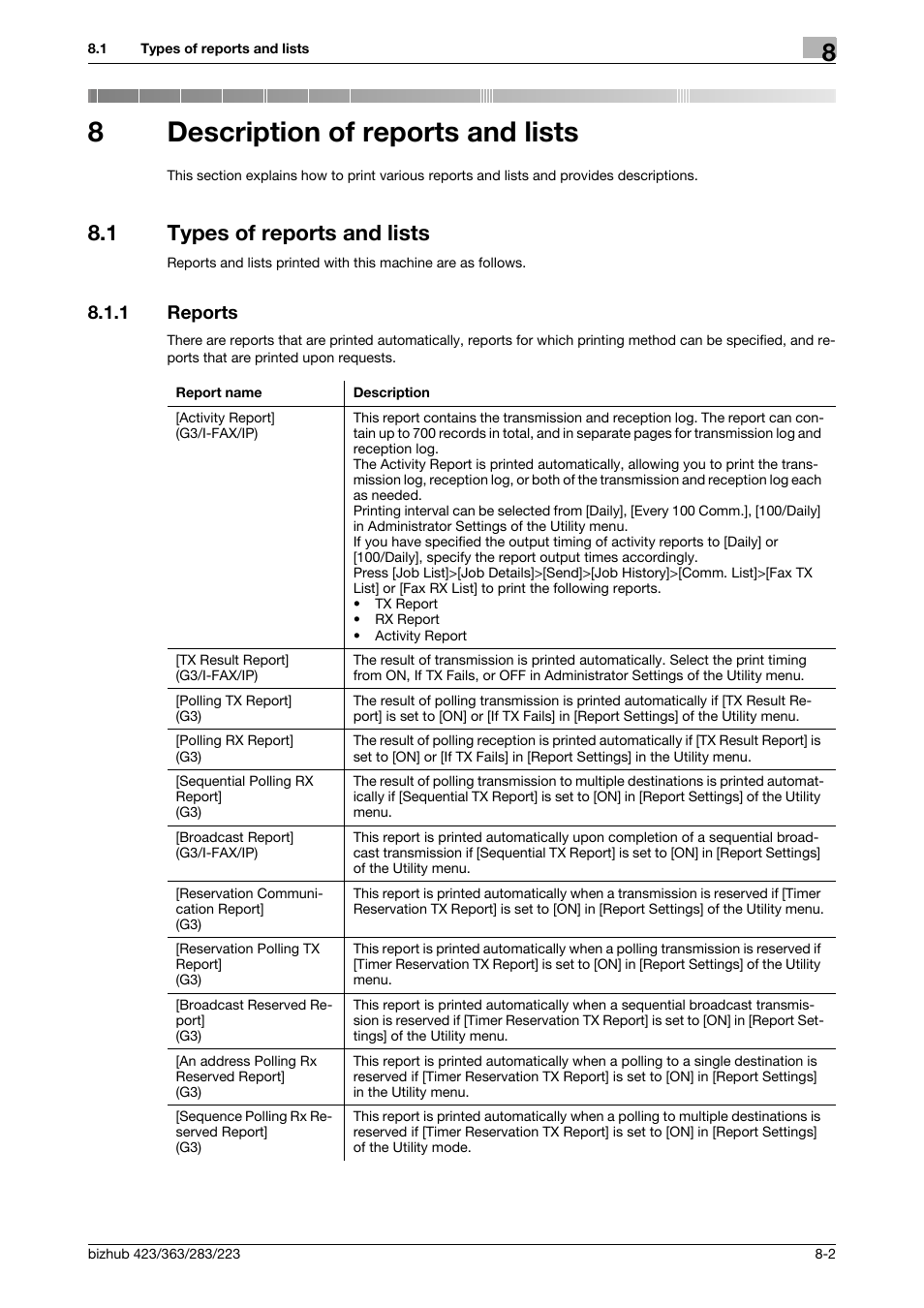 8 description of reports and lists, 1 types of reports and lists, 1 reports | Description of reports and lists, Types of reports and lists -2, Reports -2, 8description of reports and lists | Konica Minolta BIZHUB 223 User Manual | Page 157 / 319