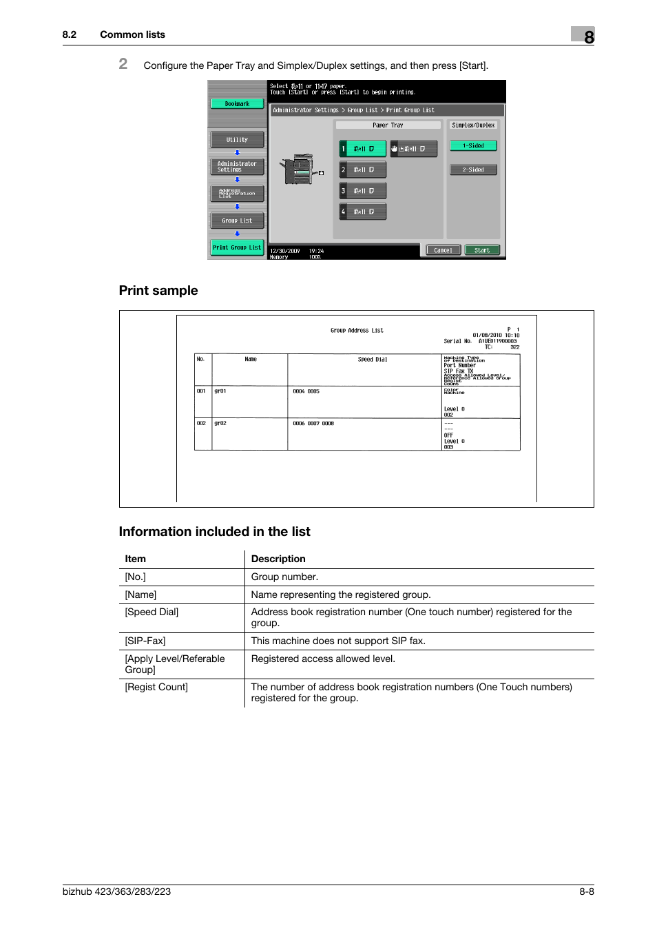 Print sample, Information included in the list, Print sample information included in the list | Konica Minolta BIZHUB 223 User Manual | Page 163 / 319