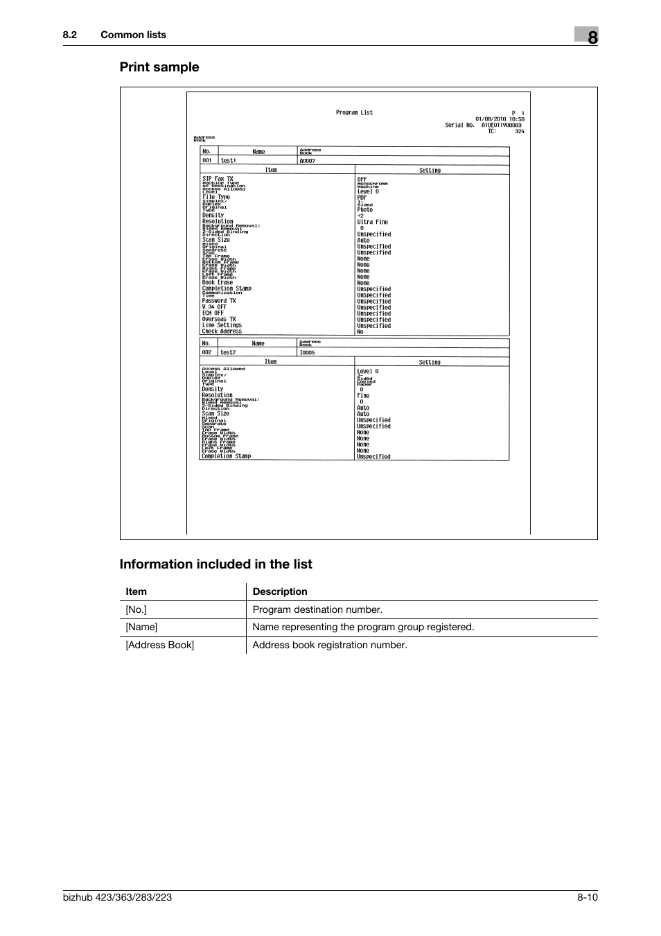 Print sample, Information included in the list, Print sample information included in the list | Konica Minolta BIZHUB 223 User Manual | Page 165 / 319