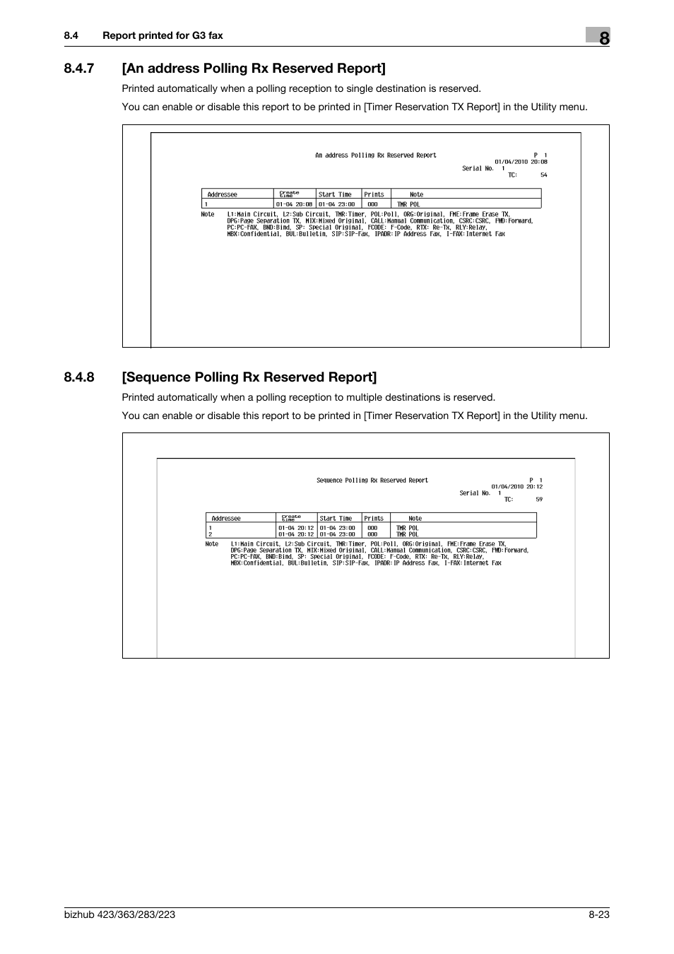 7 [an address polling rx reserved report, 8 [sequence polling rx reserved report, An address polling rx reserved report] -23 | Sequence polling rx reserved report] -23 | Konica Minolta BIZHUB 223 User Manual | Page 178 / 319