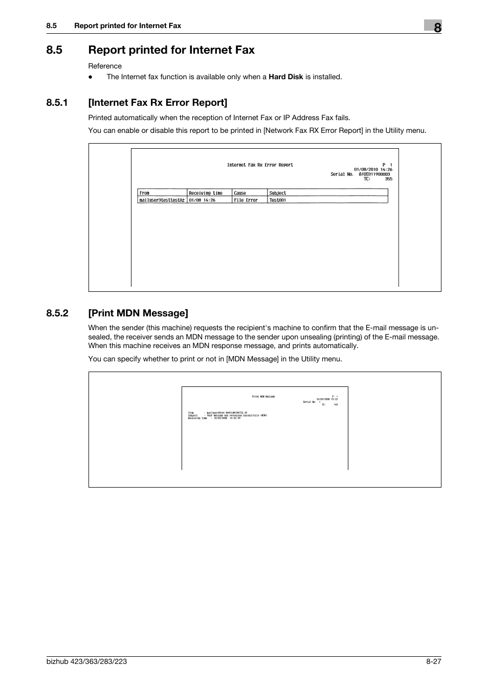 5 report printed for internet fax, 1 [internet fax rx error report, 2 [print mdn message | Report printed for internet fax -27, Internet fax rx error report] -27, Print mdn message] -27 | Konica Minolta BIZHUB 223 User Manual | Page 182 / 319