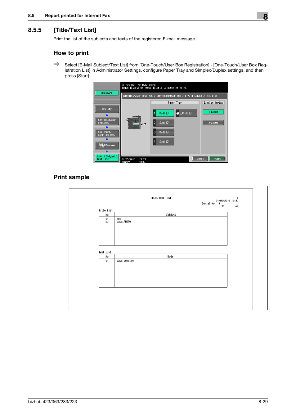 5 [title/text list, How to print, Print sample | Konica Minolta BIZHUB 223 User Manual | Page 184 / 319