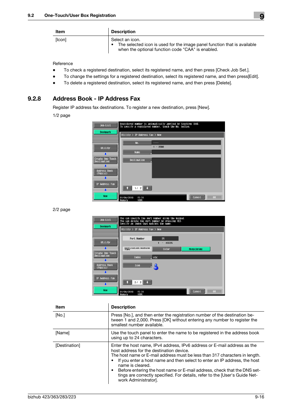 8 address book - ip address fax, Address book - ip address fax -16, P. 9-16) | Konica Minolta BIZHUB 223 User Manual | Page 201 / 319