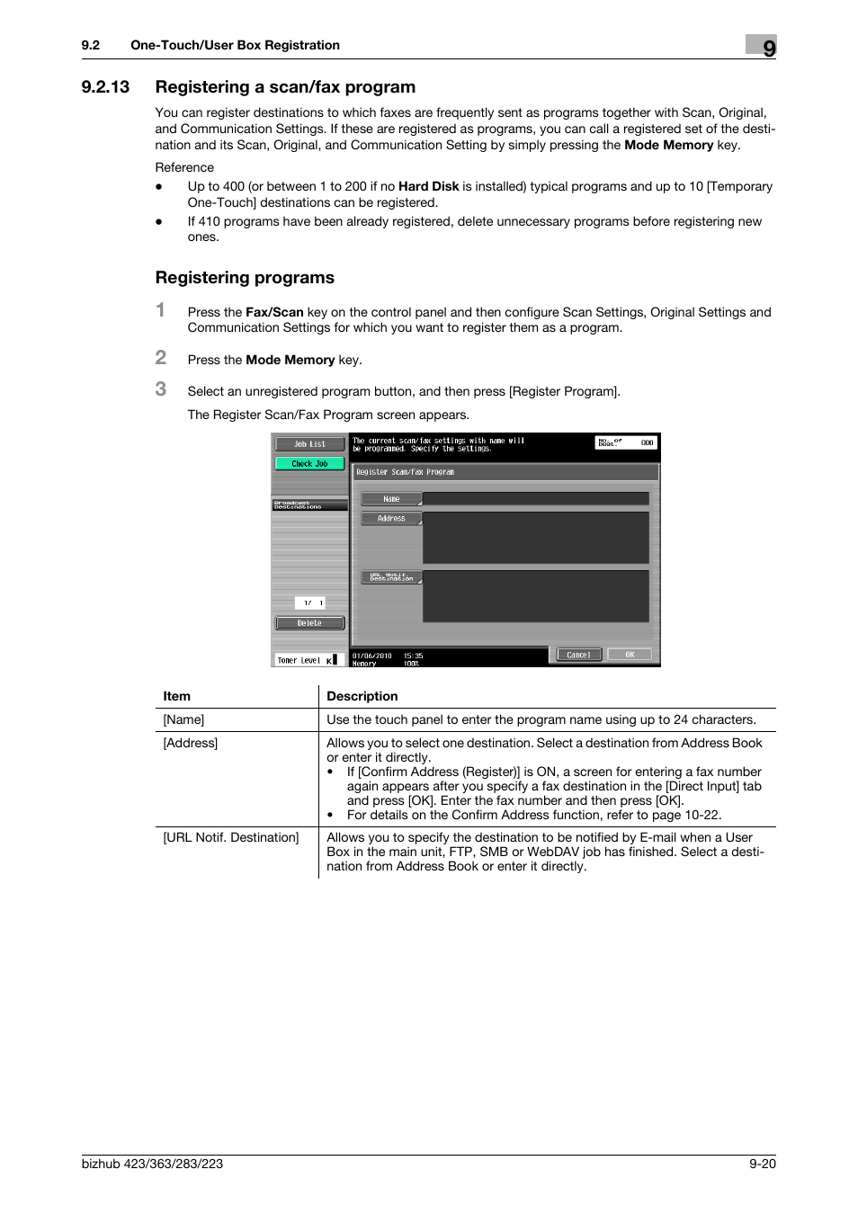 13 registering a scan/fax program, Registering programs | Konica Minolta BIZHUB 223 User Manual | Page 205 / 319