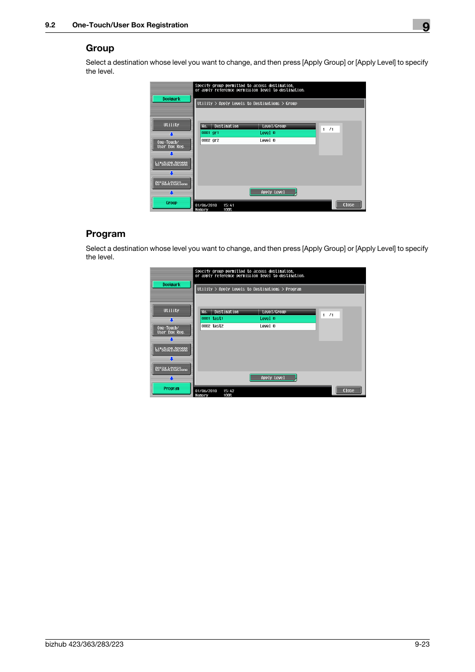 Group, Program, Group -23 program -23 | P. 9-23) | Konica Minolta BIZHUB 223 User Manual | Page 208 / 319