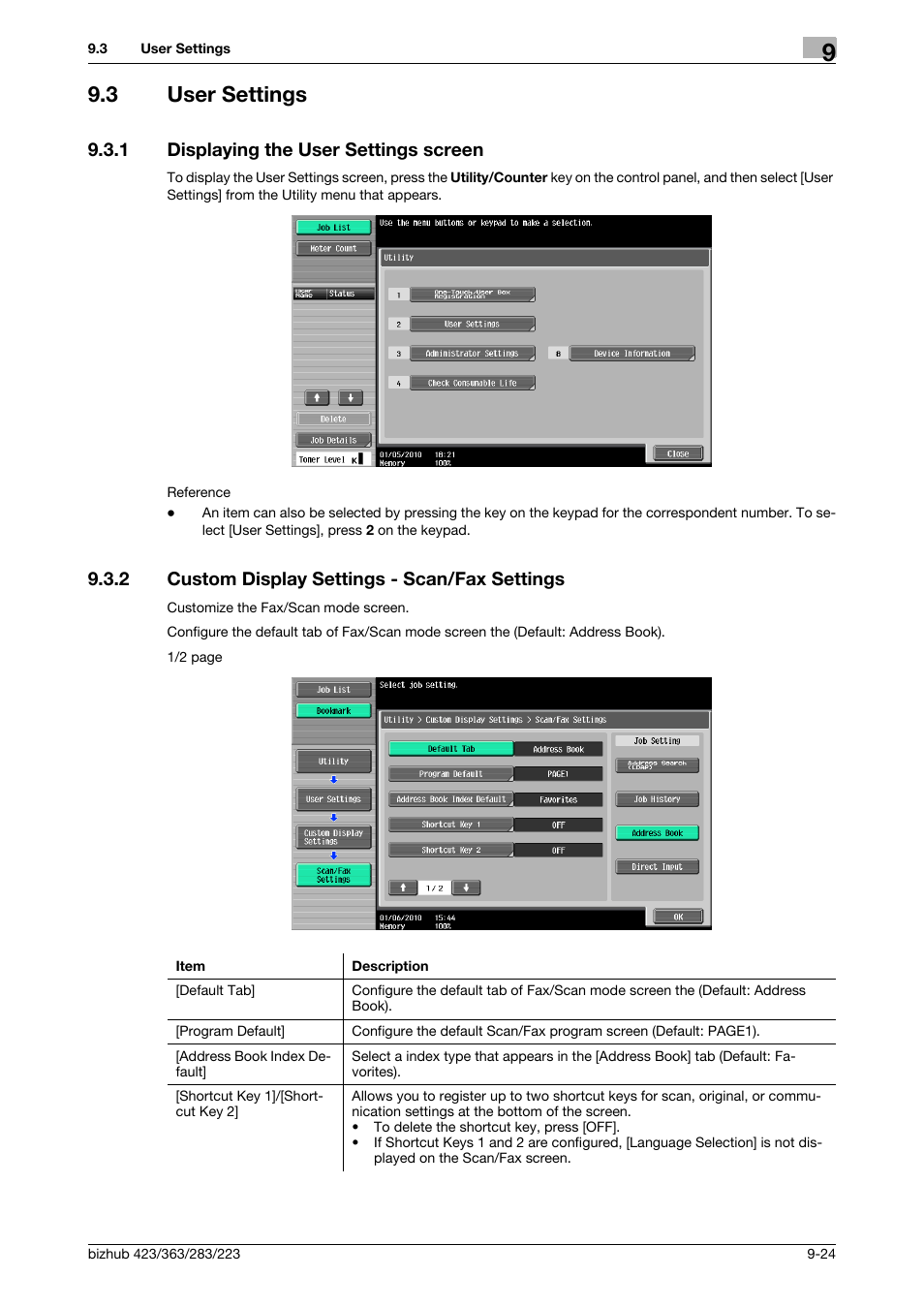 3 user settings, 1 displaying the user settings screen, 2 custom display settings - scan/fax settings | User settings -24, Displaying the user settings screen -24, Custom display settings - scan/fax settings -24, Tings] (p. 9-24) | Konica Minolta BIZHUB 223 User Manual | Page 209 / 319