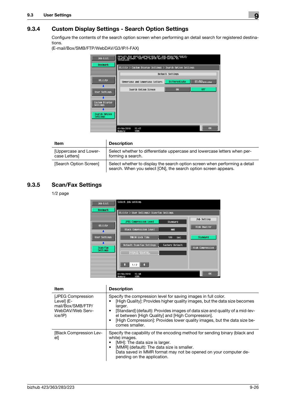 4 custom display settings - search option settings, 5 scan/fax settings, Scan/fax settings -26 | P. 9-26), Ngs] (p. 9-26) | Konica Minolta BIZHUB 223 User Manual | Page 211 / 319
