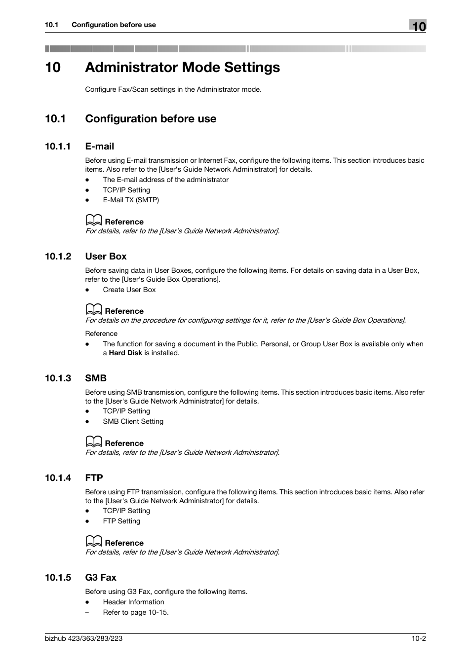 10 administrator mode settings, 1 configuration before use, 1 e-mail | 2 user box, 3 smb, 4 ftp, 5 g3 fax, Administrator mode settings, Configuration before use -2, E-mail -2 | Konica Minolta BIZHUB 223 User Manual | Page 214 / 319