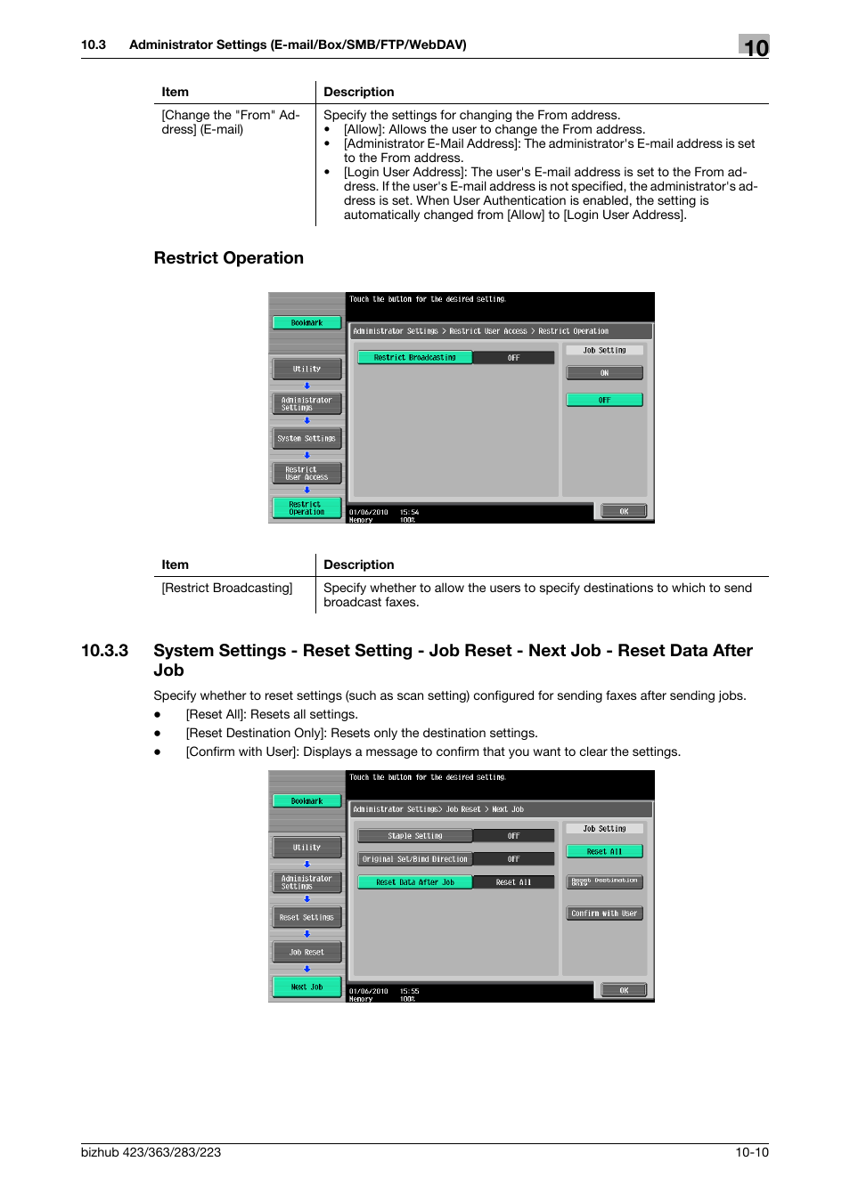 Restrict operation, Restrict operation -10, Tion] (p. 10-10) | P. 10-10 | Konica Minolta BIZHUB 223 User Manual | Page 222 / 319