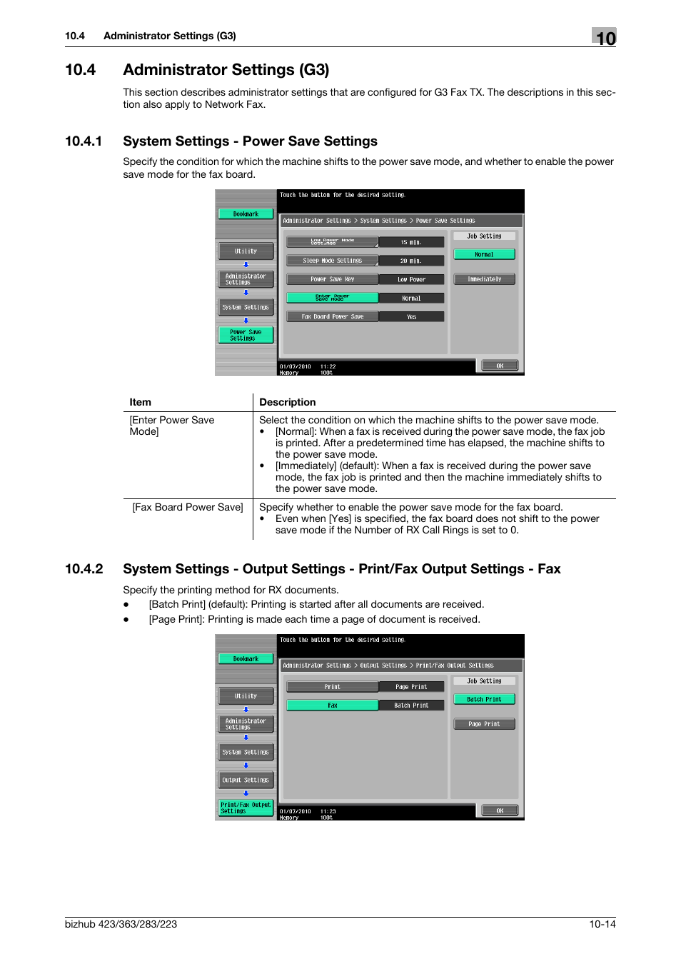 4 administrator settings (g3), 1 system settings - power save settings, Administrator settings (g3) -14 | System settings - power save settings -14, P. 10-14), Fax] (p. 10-14) | Konica Minolta BIZHUB 223 User Manual | Page 226 / 319
