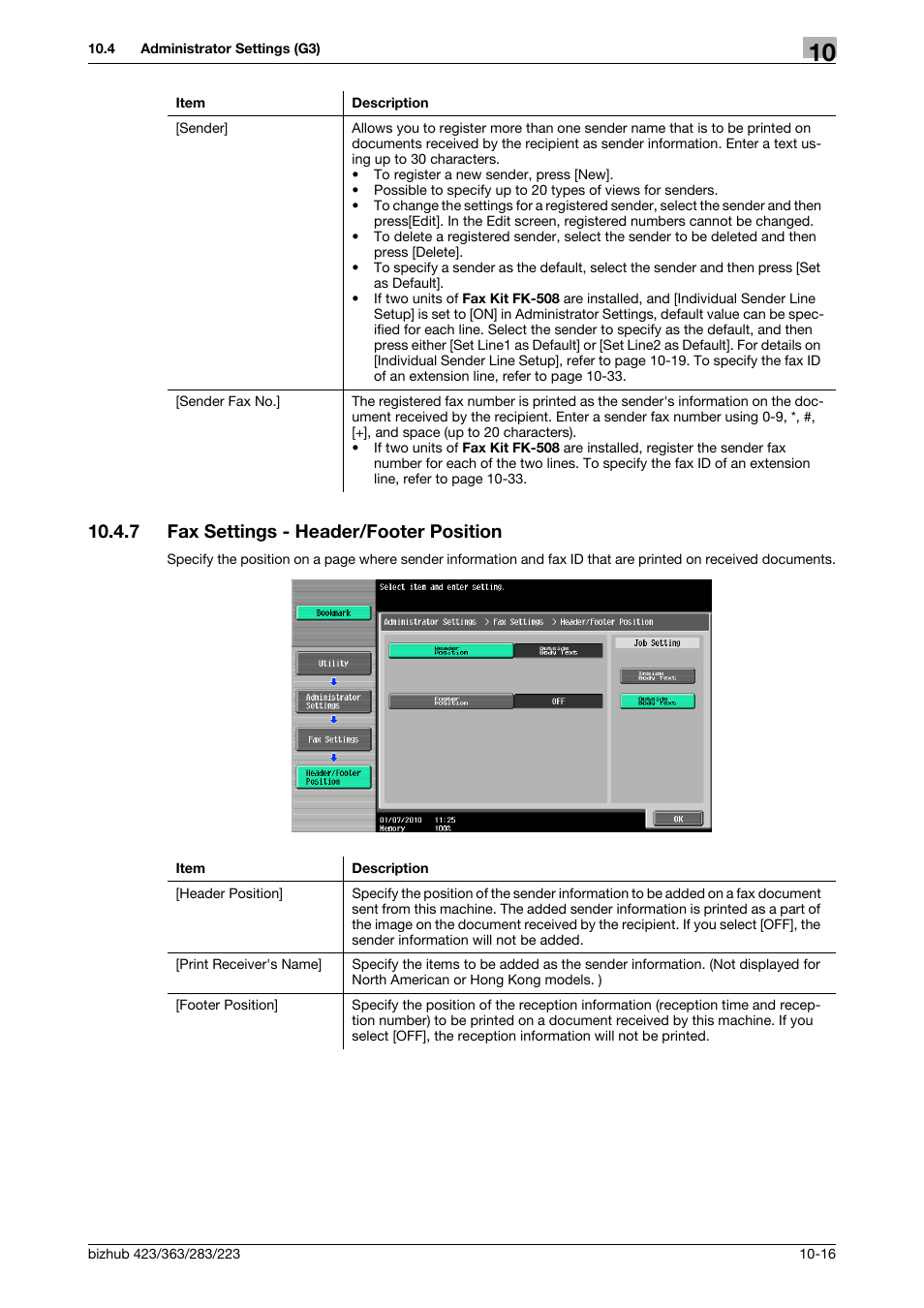 7 fax settings - header/footer position, Fax settings - header/footer position -16, P. 10-16) | Konica Minolta BIZHUB 223 User Manual | Page 228 / 319