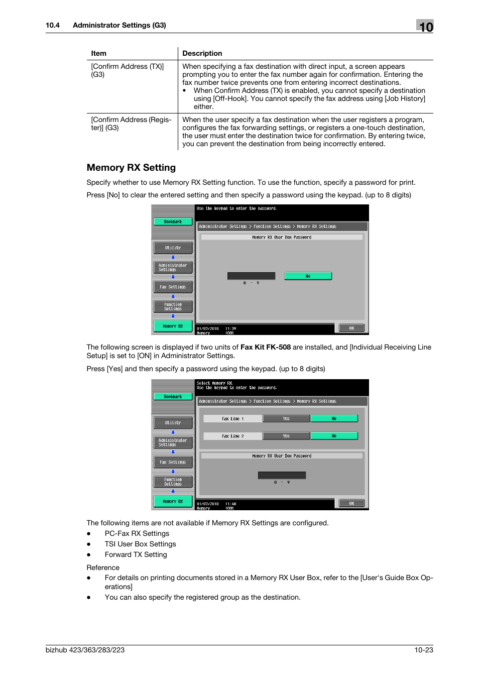 Memory rx setting, Memory rx setting -23, P. 10-23) | Konica Minolta BIZHUB 223 User Manual | Page 235 / 319