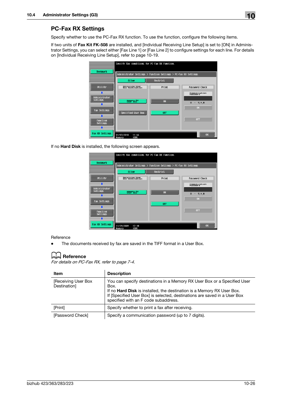 Pc-fax rx settings, Pc-fax rx settings -26, Ting] (p. 10-26) | Konica Minolta BIZHUB 223 User Manual | Page 238 / 319