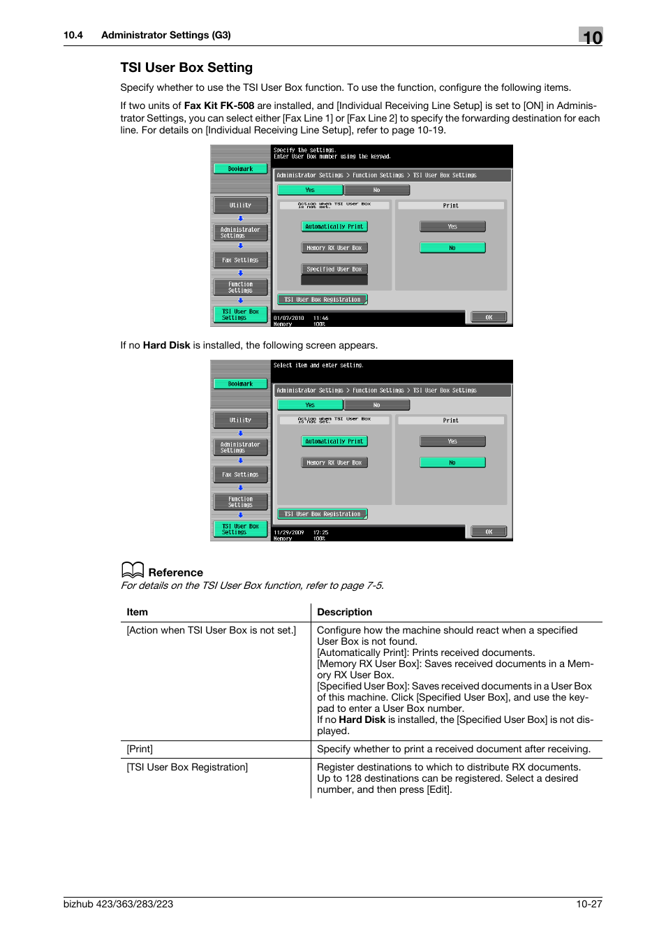 Tsi user box setting, Tsi user box setting -27, Ing] (p. 10-27 | Konica Minolta BIZHUB 223 User Manual | Page 239 / 319