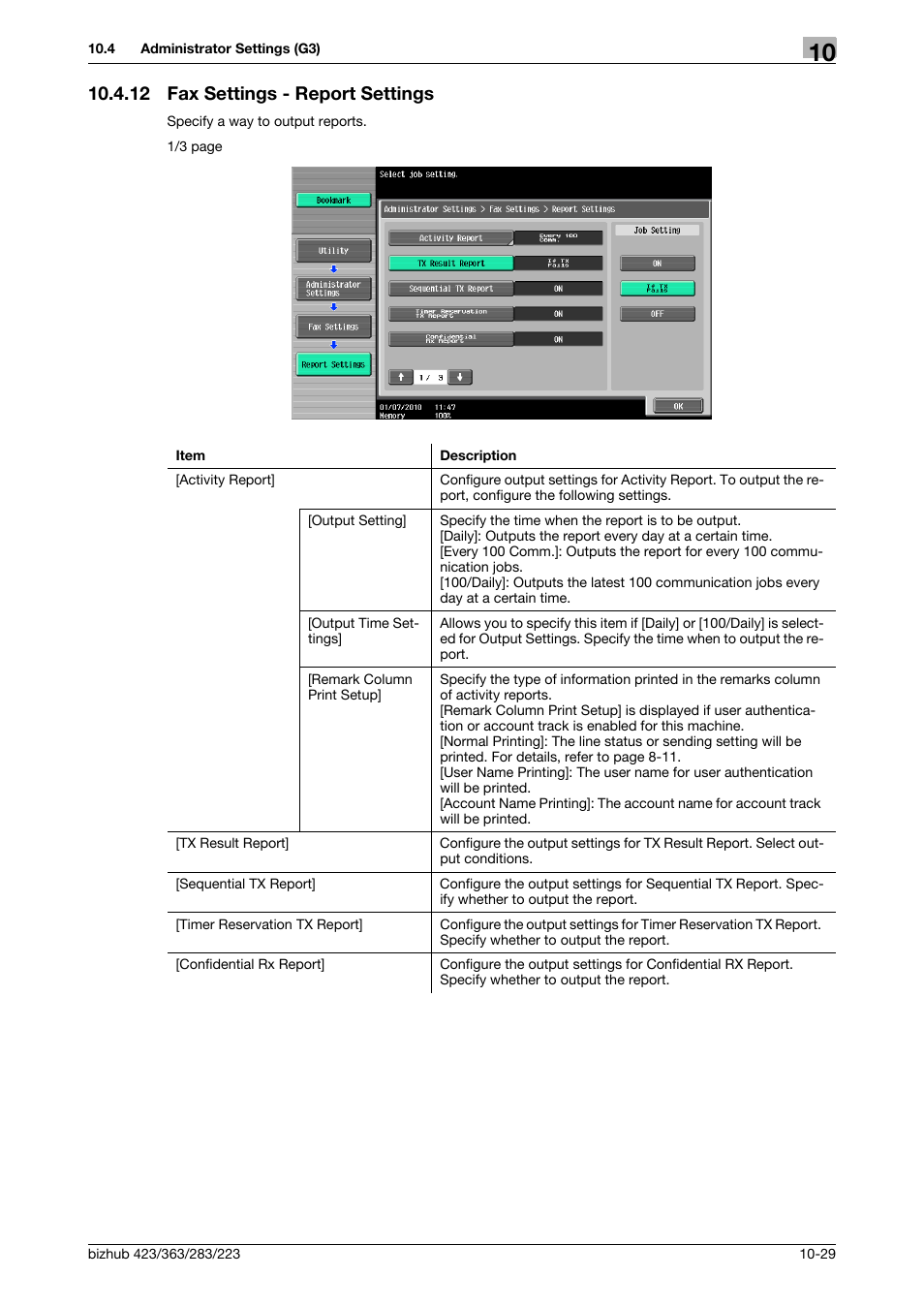 12 fax settings - report settings, Fax settings - report settings -29, Ngs] (p. 10-29) | Konica Minolta BIZHUB 223 User Manual | Page 241 / 319