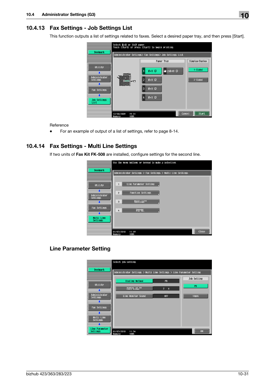 13 fax settings - job settings list, 14 fax settings - multi line settings, Line parameter setting | Fax settings - job settings list -31, St] (p. 10-31), Ngs] (p. 10-31), Ing] (p. 10-31 | Konica Minolta BIZHUB 223 User Manual | Page 243 / 319