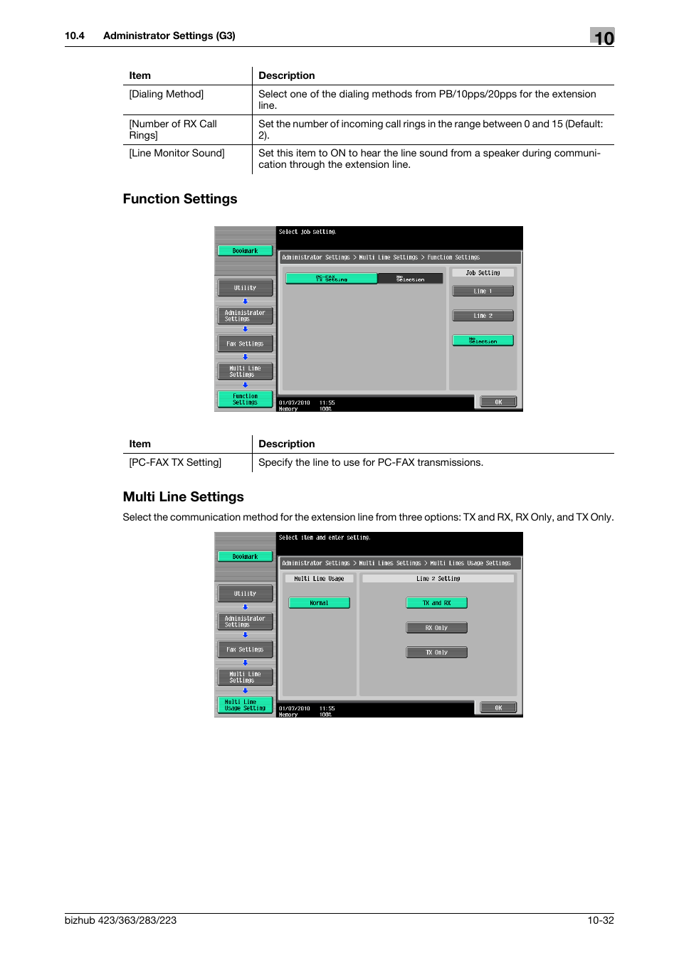 Function settings, Multi line settings, Function settings -32 multi line settings -32 | Tings] (p. 10-32), P. 10-32), Function settings multi line settings | Konica Minolta BIZHUB 223 User Manual | Page 244 / 319