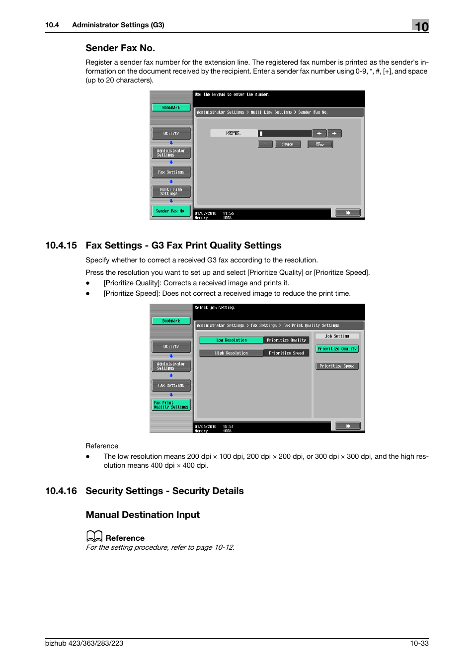 Sender fax no, 15 fax settings - g3 fax print quality settings, 16 security settings - security details | Manual destination input, Sender fax no -33, Fax settings - g3 fax print quality settings -33, Der fax no.] (p. 10-33), Ings](p. 10-33) | Konica Minolta BIZHUB 223 User Manual | Page 245 / 319